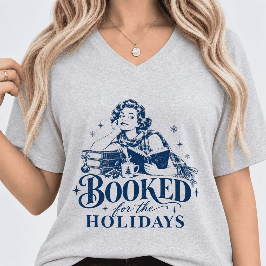 Booked for the Holidays Ultra-Soft V-Neck | Christmas Reader Gift Ash