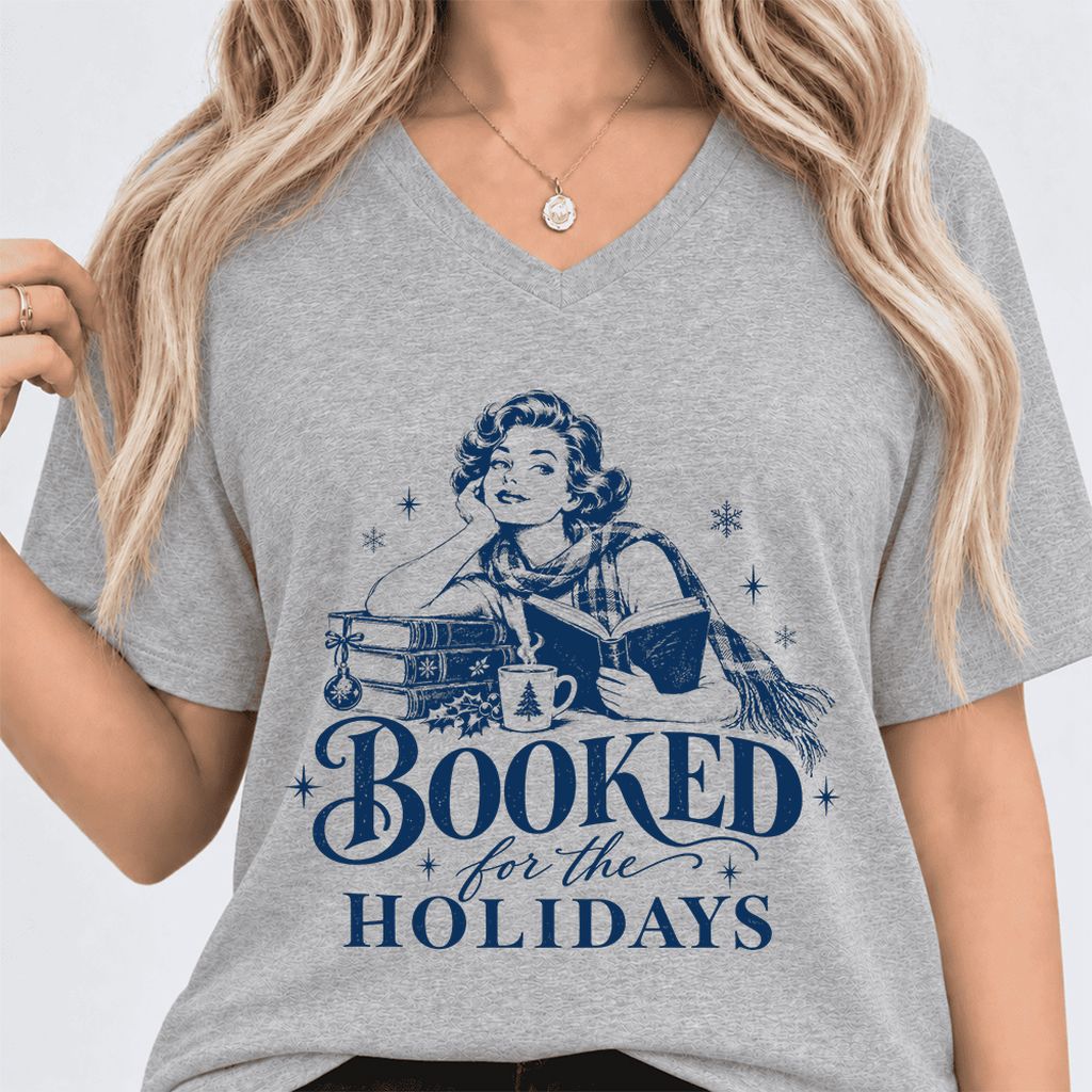 Booked for the Holidays Ultra-Soft V-Neck | Christmas Reader Gift Athletic Heather