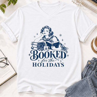 Booked for the Holidays Ultra-Soft V-Neck | Christmas Reader Gift White