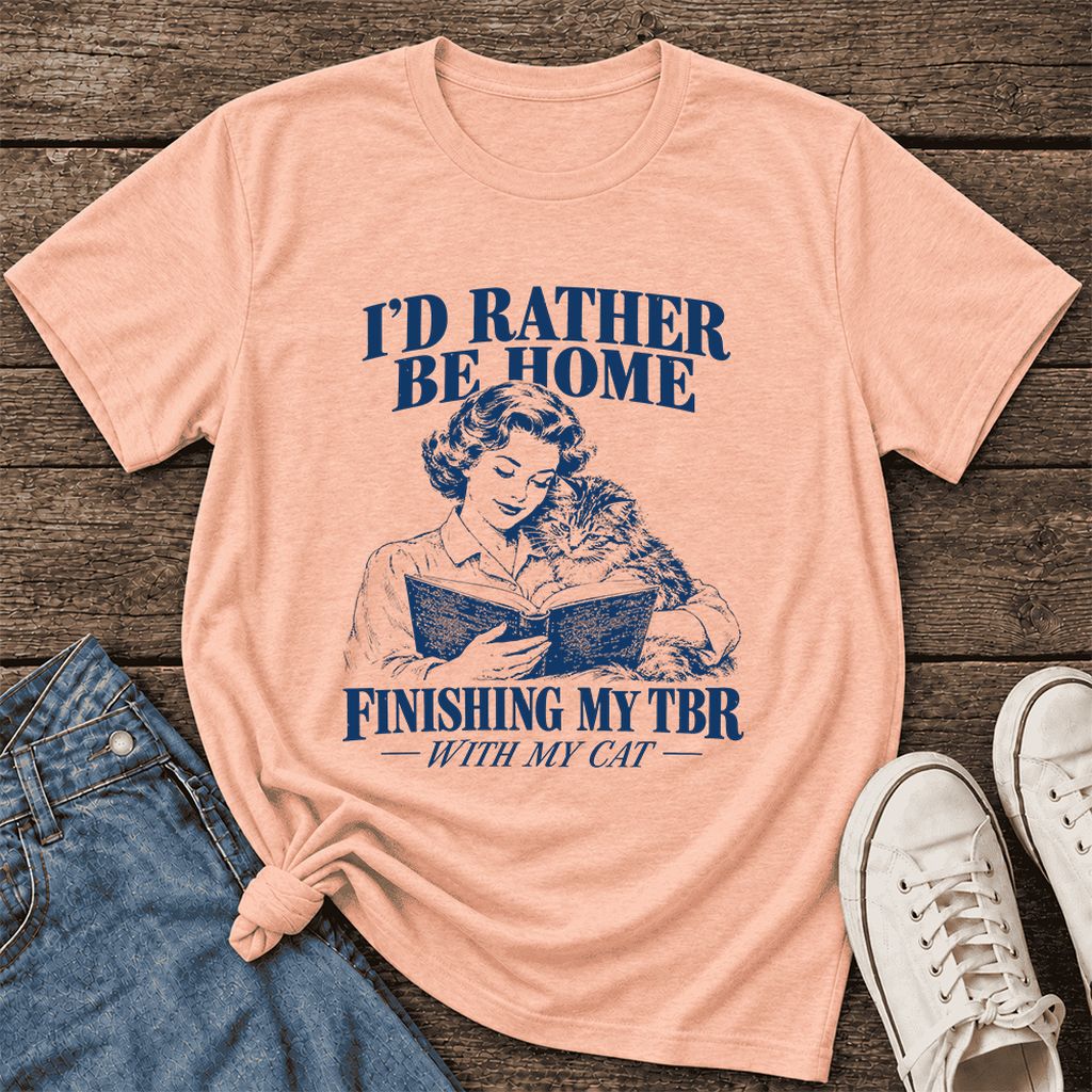I'd Rather Be Home Finishing My TBR Ultra-Soft Cotton T-Shirt | Cat Lover Gift Heather Peach