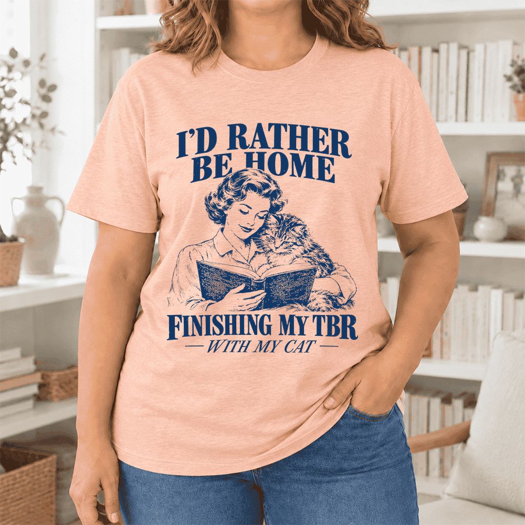 I'd Rather Be Home Finishing My TBR Ultra-Soft Cotton T-Shirt | Cat Lover Gift Heather Peach