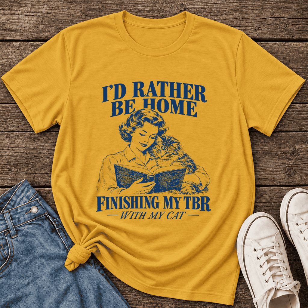 I'd Rather Be Home Finishing My TBR Ultra-Soft Cotton T-Shirt | Cat Lover Gift Mustard