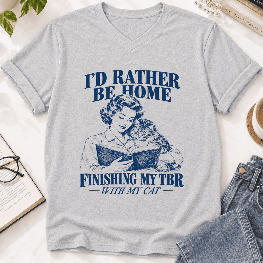 I'd Rather Be Home Finishing My TBR Ultra-Soft V-Neck | Cozy Cat Lover Gift Ash