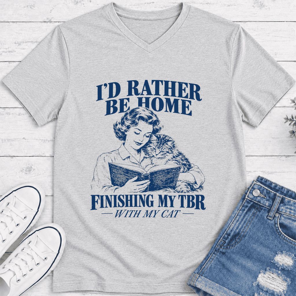 I'd Rather Be Home Finishing My TBR Ultra-Soft V-Neck | Cozy Cat Lover Gift Ash
