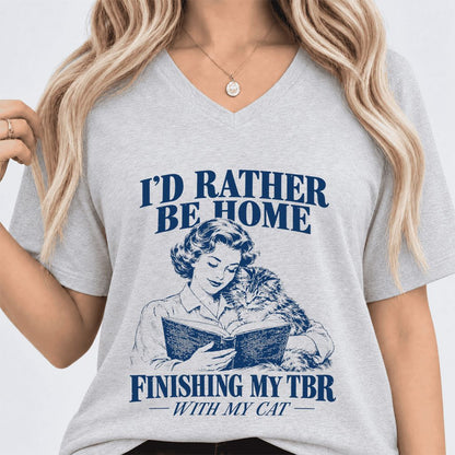 I'd Rather Be Home Finishing My TBR Ultra-Soft V-Neck | Cozy Cat Lover Gift Ash