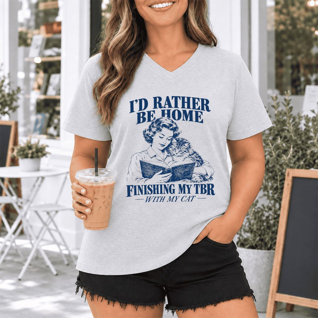 I'd Rather Be Home Finishing My TBR Ultra-Soft V-Neck | Cozy Cat Lover Gift Ash
