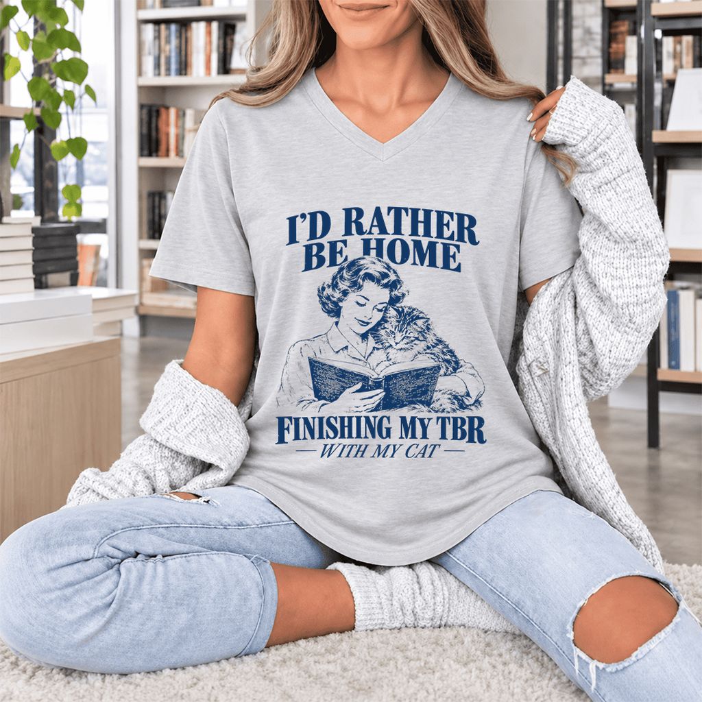 I'd Rather Be Home Finishing My TBR Ultra-Soft V-Neck | Cozy Cat Lover Gift Ash