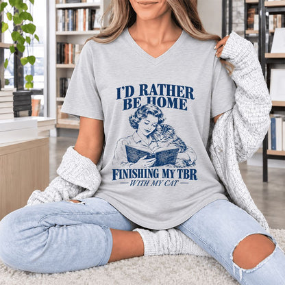I'd Rather Be Home Finishing My TBR Ultra-Soft V-Neck | Cozy Cat Lover Gift Ash