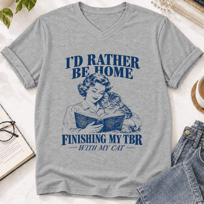 I'd Rather Be Home Finishing My TBR Ultra-Soft V-Neck | Cozy Cat Lover Gift Athletic Heather