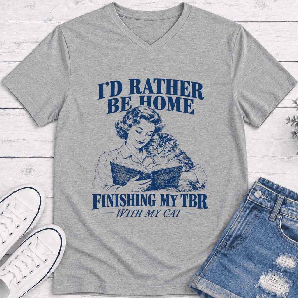 I'd Rather Be Home Finishing My TBR Ultra-Soft V-Neck | Cozy Cat Lover Gift Athletic Heather
