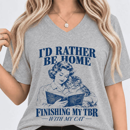 I'd Rather Be Home Finishing My TBR Ultra-Soft V-Neck | Cozy Cat Lover Gift Athletic Heather