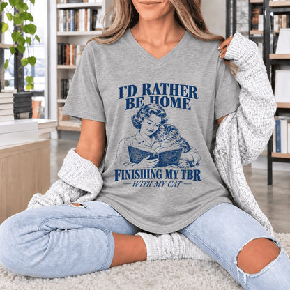 I'd Rather Be Home Finishing My TBR Ultra-Soft V-Neck | Cozy Cat Lover Gift Athletic Heather