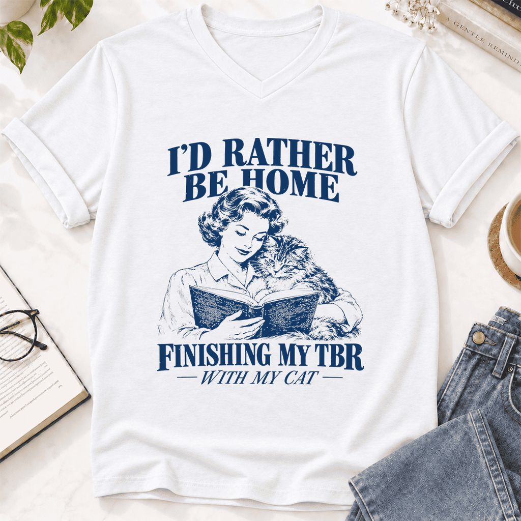 I'd Rather Be Home Finishing My TBR Ultra-Soft V-Neck | Cozy Cat Lover Gift White