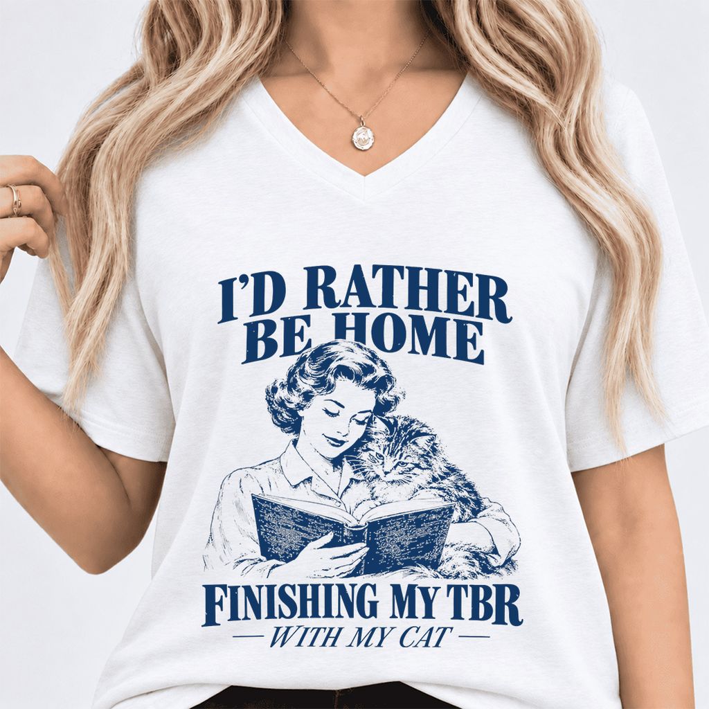 I'd Rather Be Home Finishing My TBR Ultra-Soft V-Neck | Cozy Cat Lover Gift White