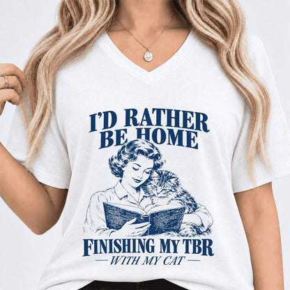 I'd Rather Be Home Finishing My TBR Ultra-Soft V-Neck | Cozy Cat Lover Gift White