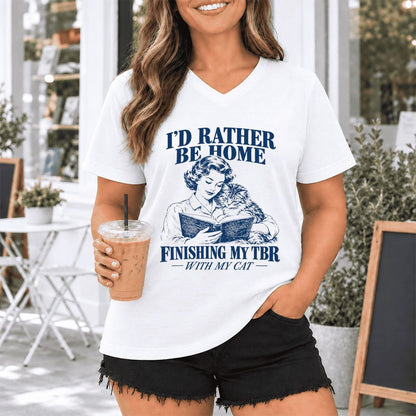 I'd Rather Be Home Finishing My TBR Ultra-Soft V-Neck | Cozy Cat Lover Gift White