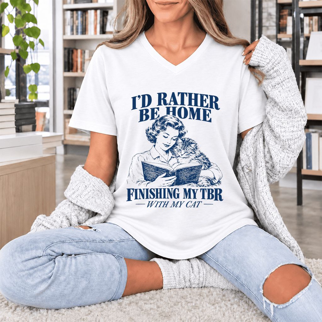 I'd Rather Be Home Finishing My TBR Ultra-Soft V-Neck | Cozy Cat Lover Gift White