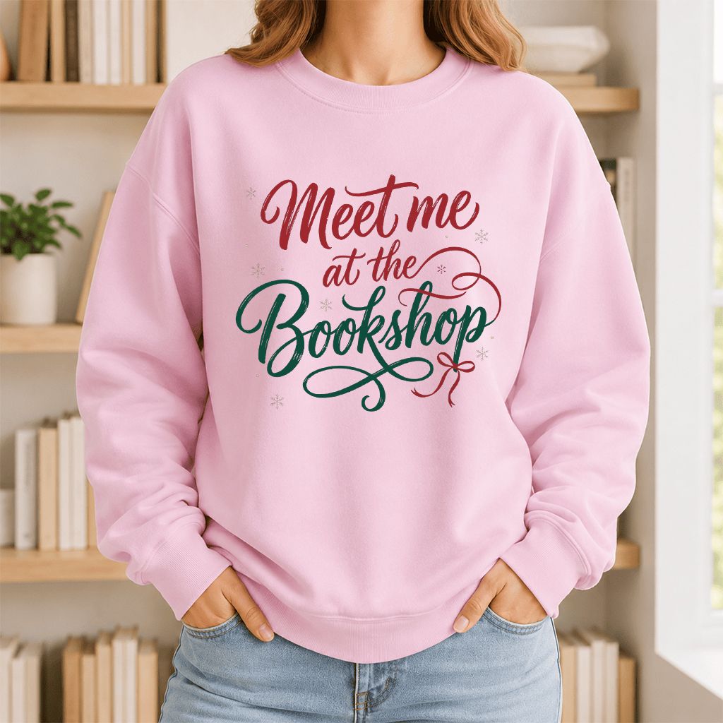 Meet Me At The Bookshop Printed Sweatshirt | Christmas Reader Gift Light Pink