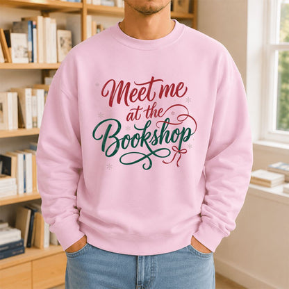 Meet Me At The Bookshop Printed Sweatshirt | Christmas Reader Gift Light Pink