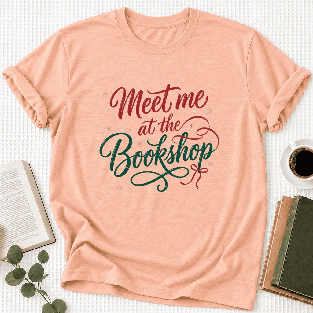 Meet Me At The Bookshop Ultra-Soft Cotton T-Shirt | Christmas Reader Gift Heather Peach