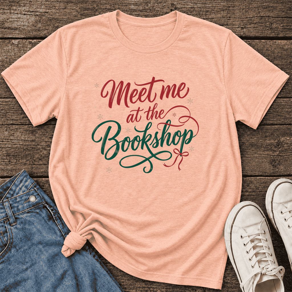 Meet Me At The Bookshop Ultra-Soft Cotton T-Shirt | Christmas Reader Gift Heather Peach