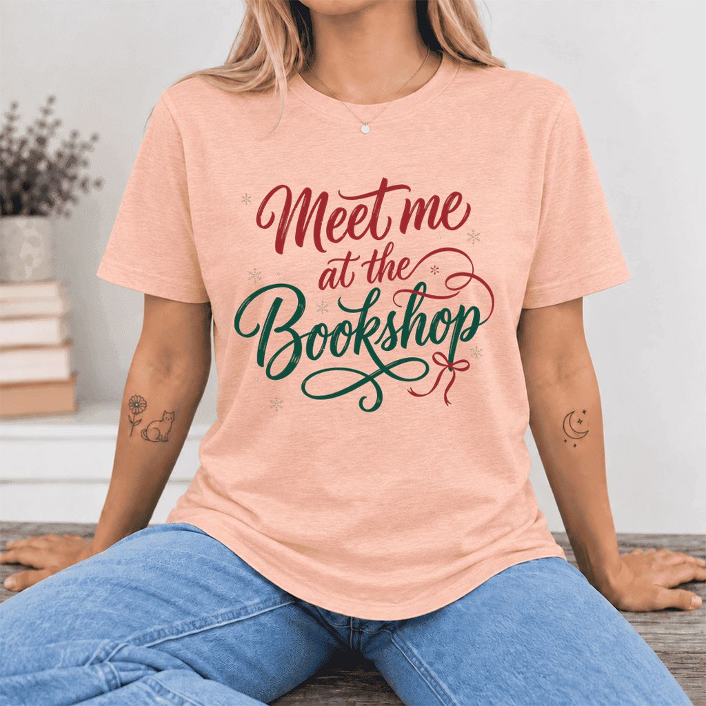 Meet Me At The Bookshop Ultra-Soft Cotton T-Shirt | Christmas Reader Gift Heather Peach