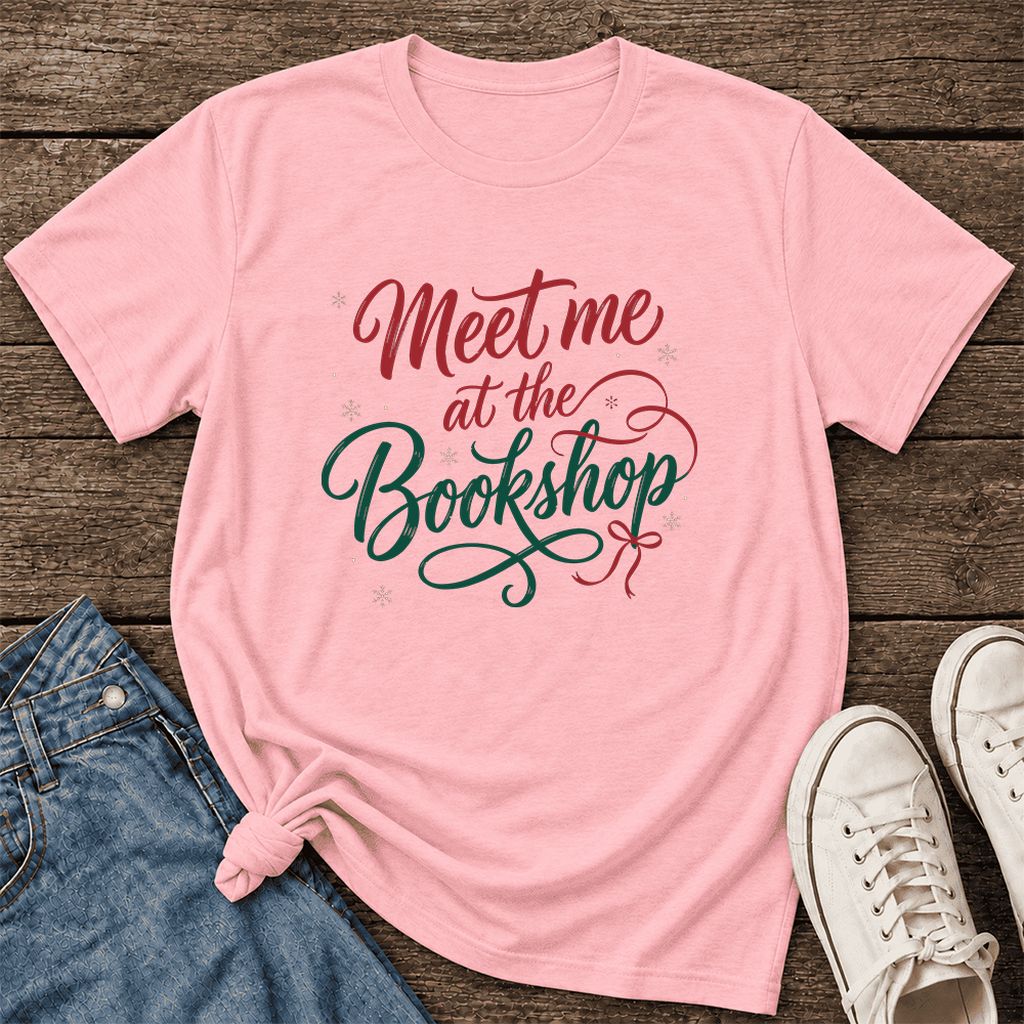 Meet Me At The Bookshop Ultra-Soft Cotton T-Shirt | Christmas Reader Gift Pink