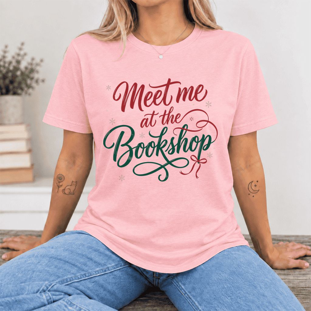 Meet Me At The Bookshop Ultra-Soft Cotton T-Shirt | Christmas Reader Gift Pink
