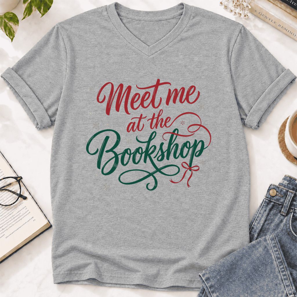 Meet Me At The Bookshop Ultra-Soft V-Neck | Christmas Reader Gift Athletic Heather