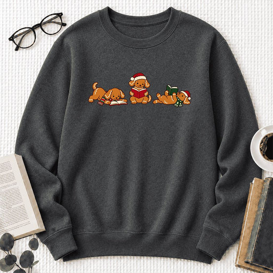 Golden Retriever Gingerbread Trio Crewneck Sweatshirt | Christmas Reader Gift Dark Heather