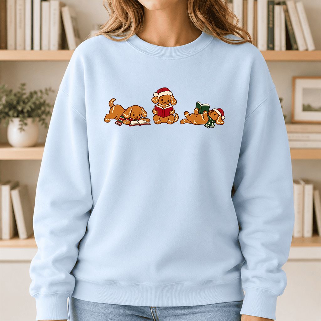 Golden Retriever Gingerbread Trio Printed Sweatshirt | Christmas Reader Gift Light Blue