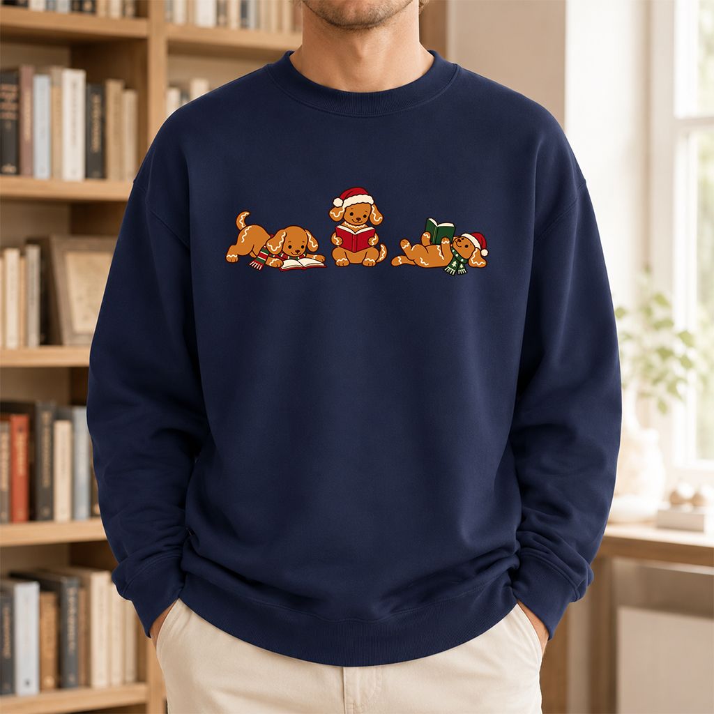Golden Retriever Gingerbread Trio Printed Sweatshirt | Christmas Reader Gift Navy