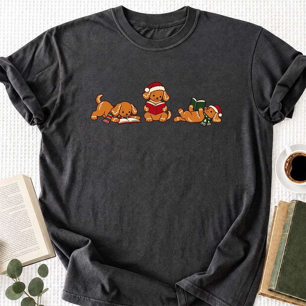 Golden Retriever Gingerbread Trio Printed T-Shirt | Christmas Reader Gift Dark Heather