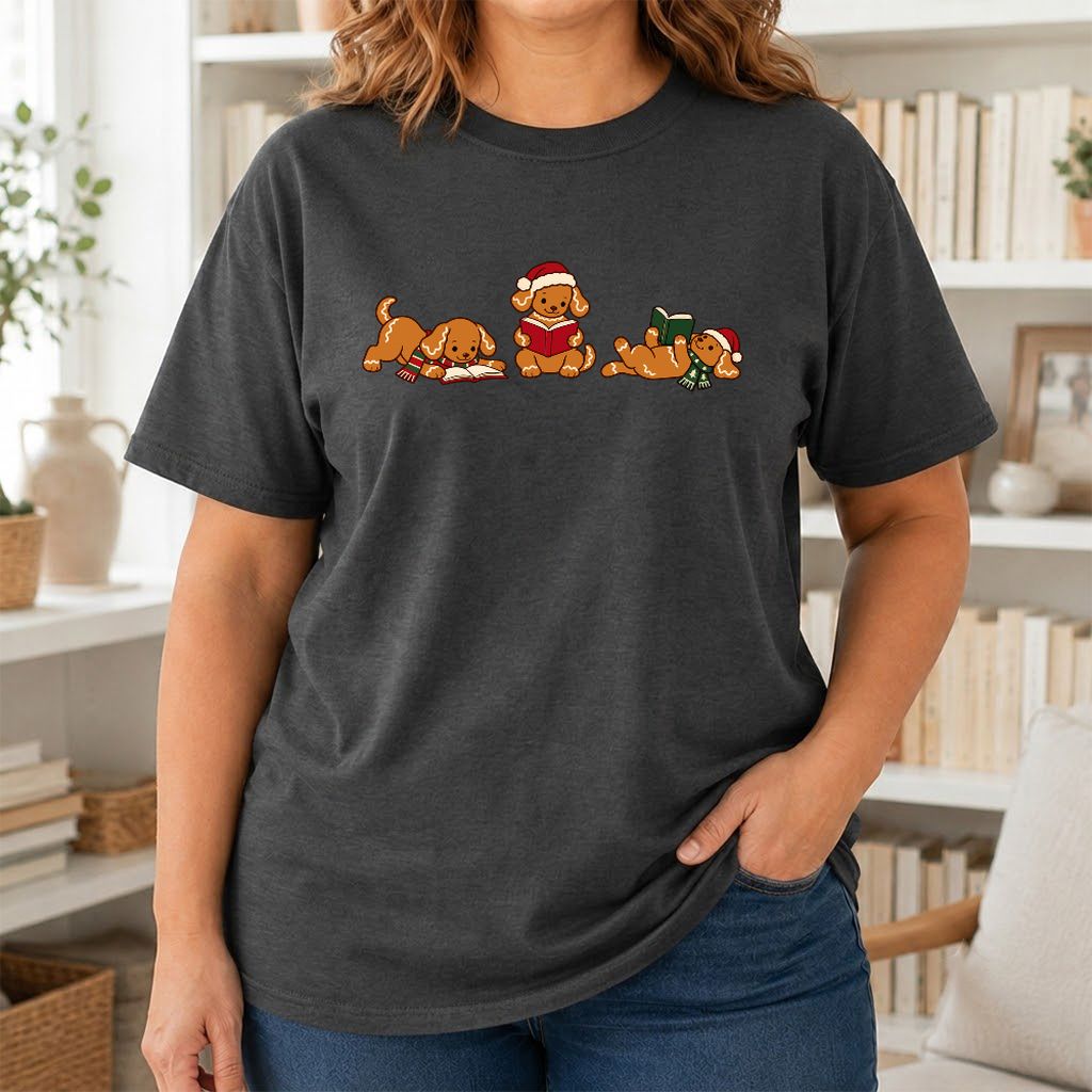 Golden Retriever Gingerbread Trio Printed T-Shirt | Christmas Reader Gift Dark Heather