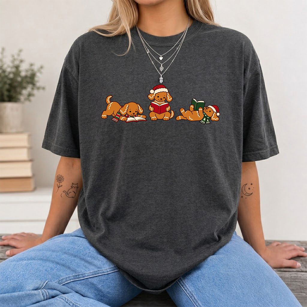 Golden Retriever Gingerbread Trio Printed T-Shirt | Christmas Reader Gift Dark Heather