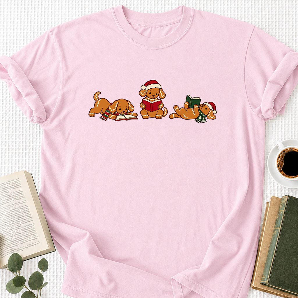Golden Retriever Gingerbread Trio Printed T-Shirt | Christmas Reader Gift Light Pink