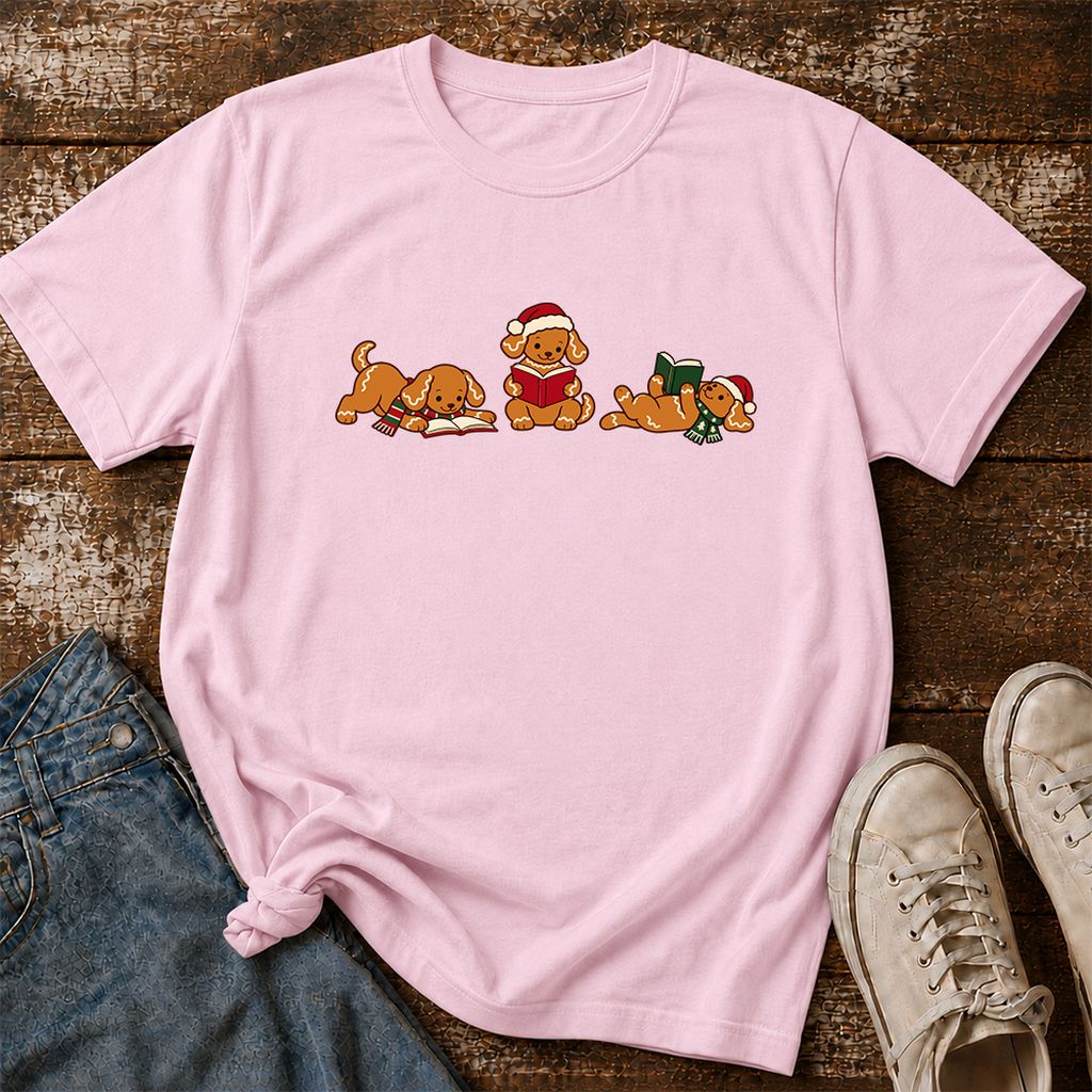 Golden Retriever Gingerbread Trio Printed T-Shirt | Christmas Reader Gift Light Pink