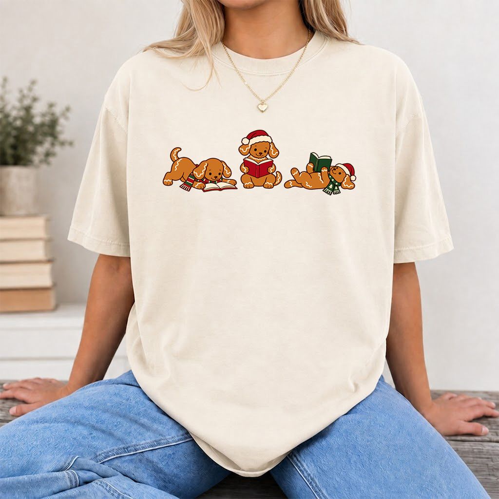 Golden Retriever Gingerbread Trio Printed T-Shirt | Christmas Reader Gift Natural