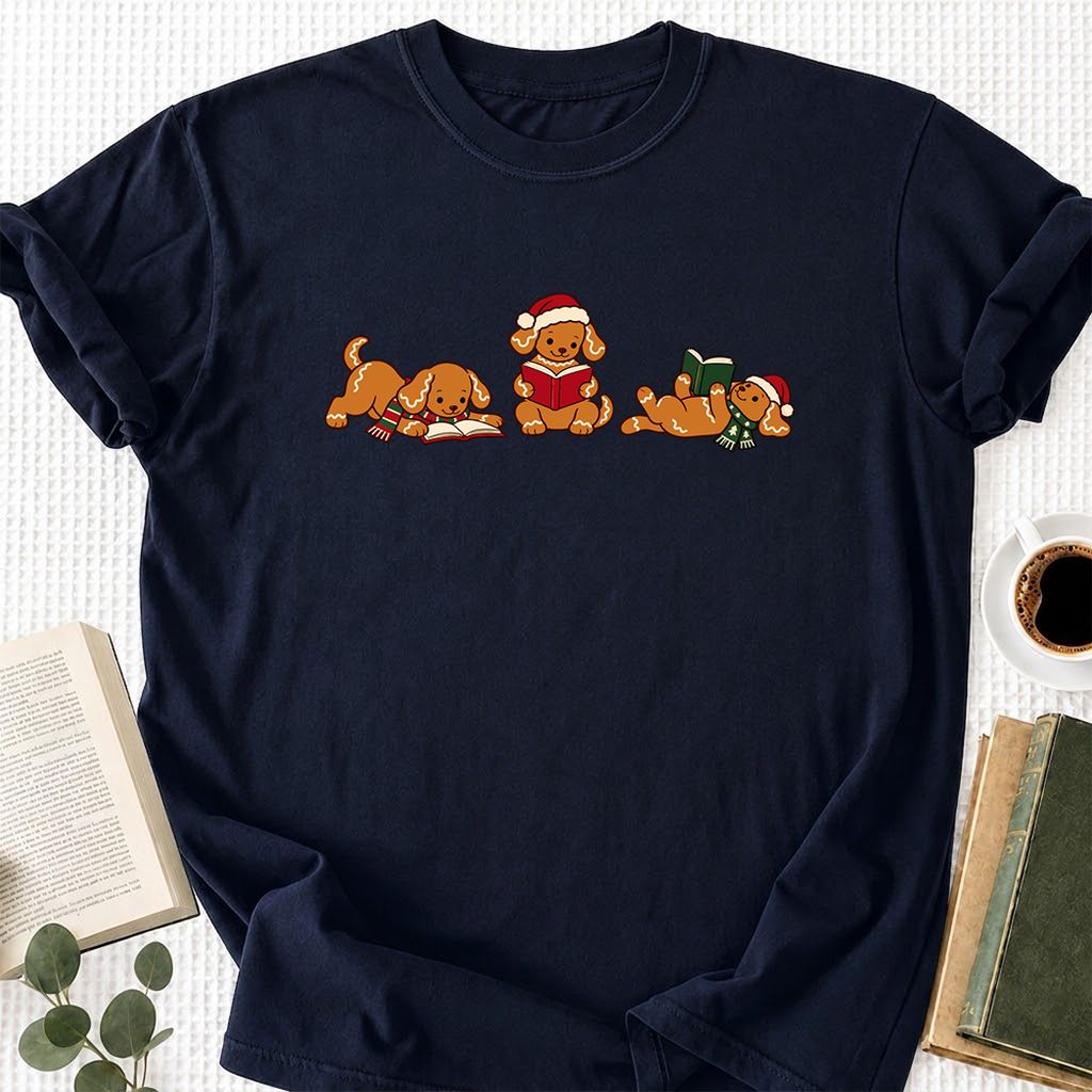 Golden Retriever Gingerbread Trio Printed T-Shirt | Christmas Reader Gift Navy