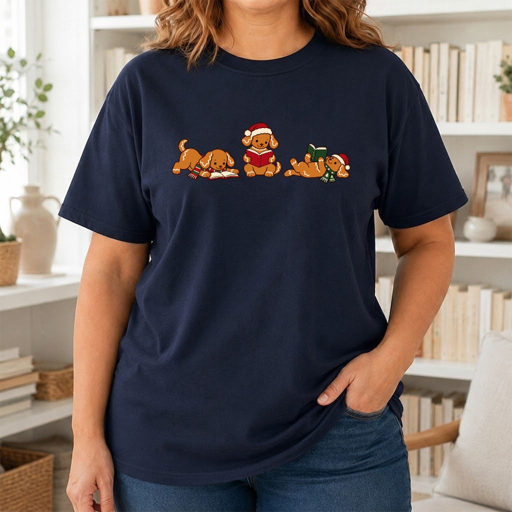 Golden Retriever Gingerbread Trio Printed T-Shirt | Christmas Reader Gift Navy