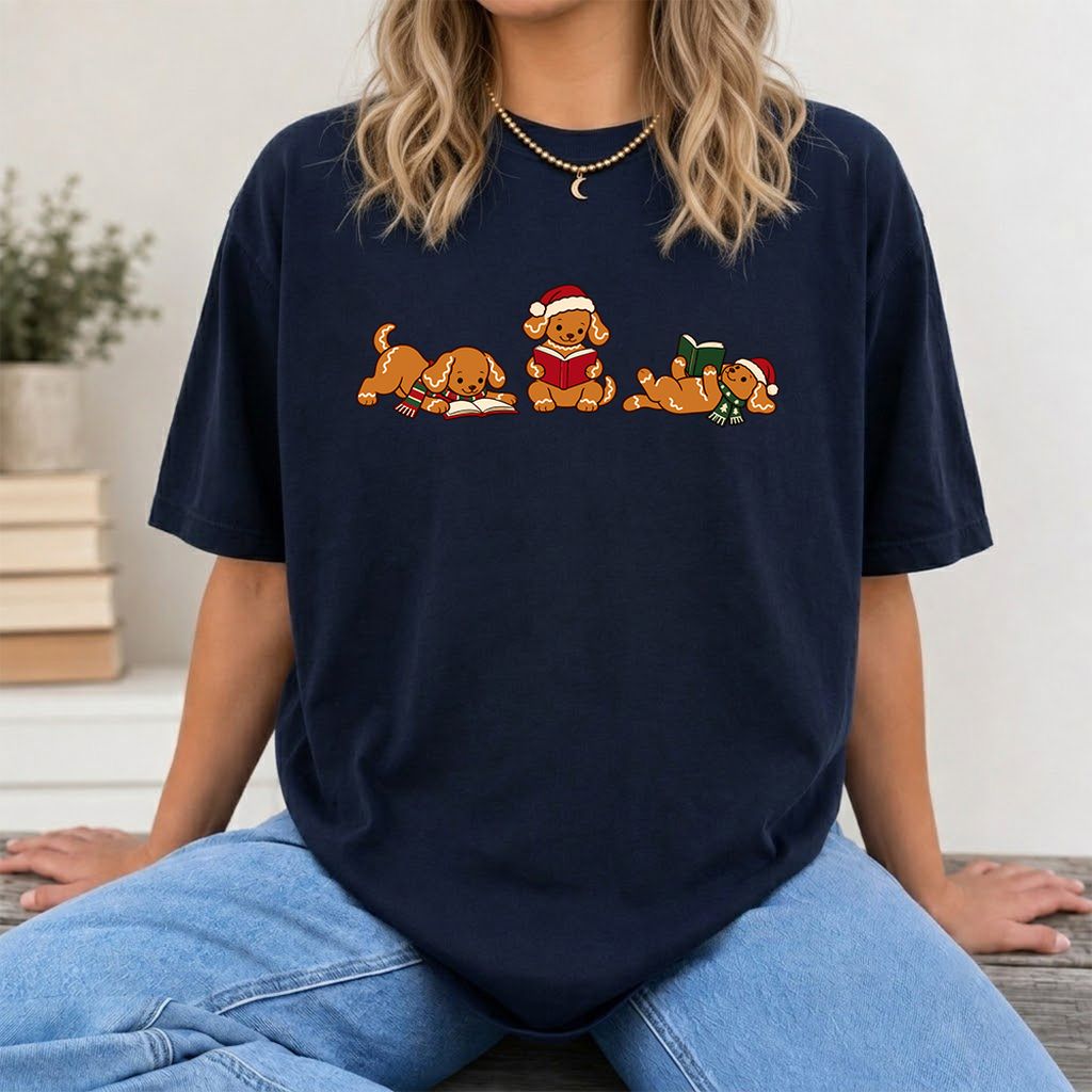 Golden Retriever Gingerbread Trio Printed T-Shirt | Christmas Reader Gift Navy