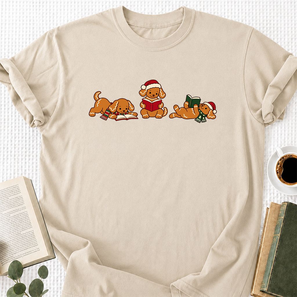 Golden Retriever Gingerbread Trio Printed T-Shirt | Christmas Reader Gift Sand