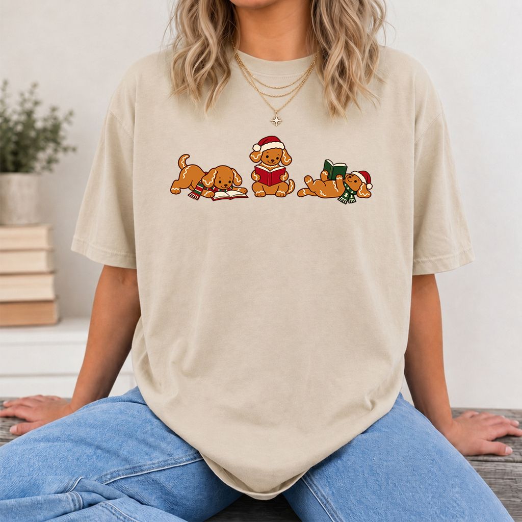 Golden Retriever Gingerbread Trio Printed T-Shirt | Christmas Reader Gift Sand