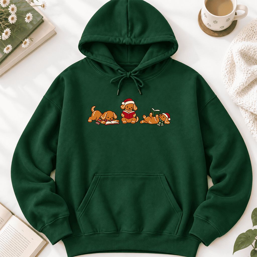 Golden Retriever Gingerbread Trio Softstyle Hoodie | Christmas Reader Gift Forest Green