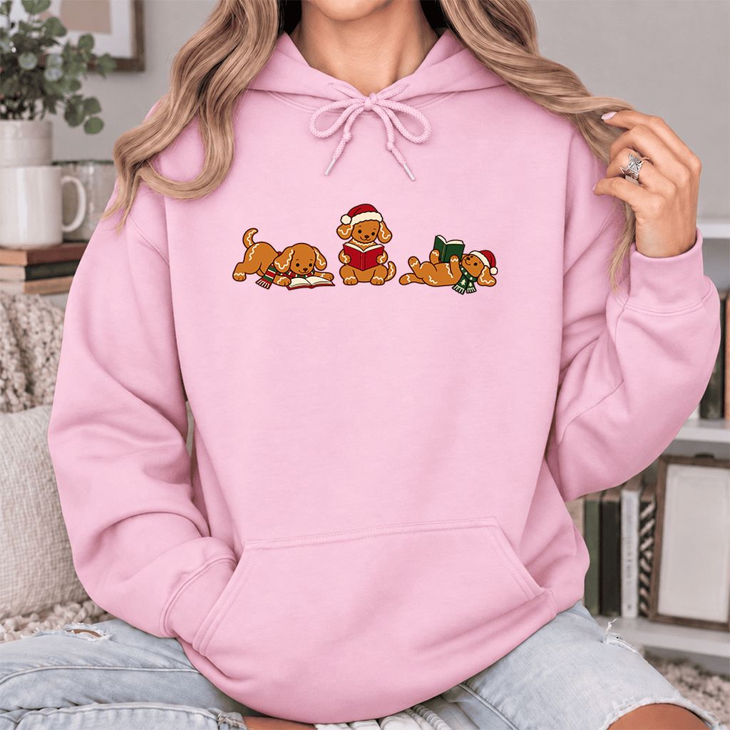 Golden Retriever Gingerbread Trio Softstyle Hoodie | Christmas Reader Gift Light Pink