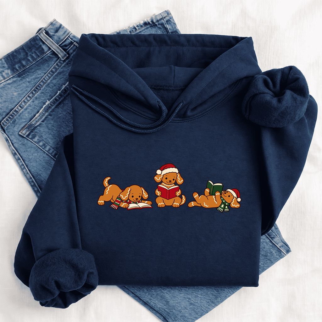 Golden Retriever Gingerbread Trio Softstyle Hoodie | Christmas Reader Gift Navy