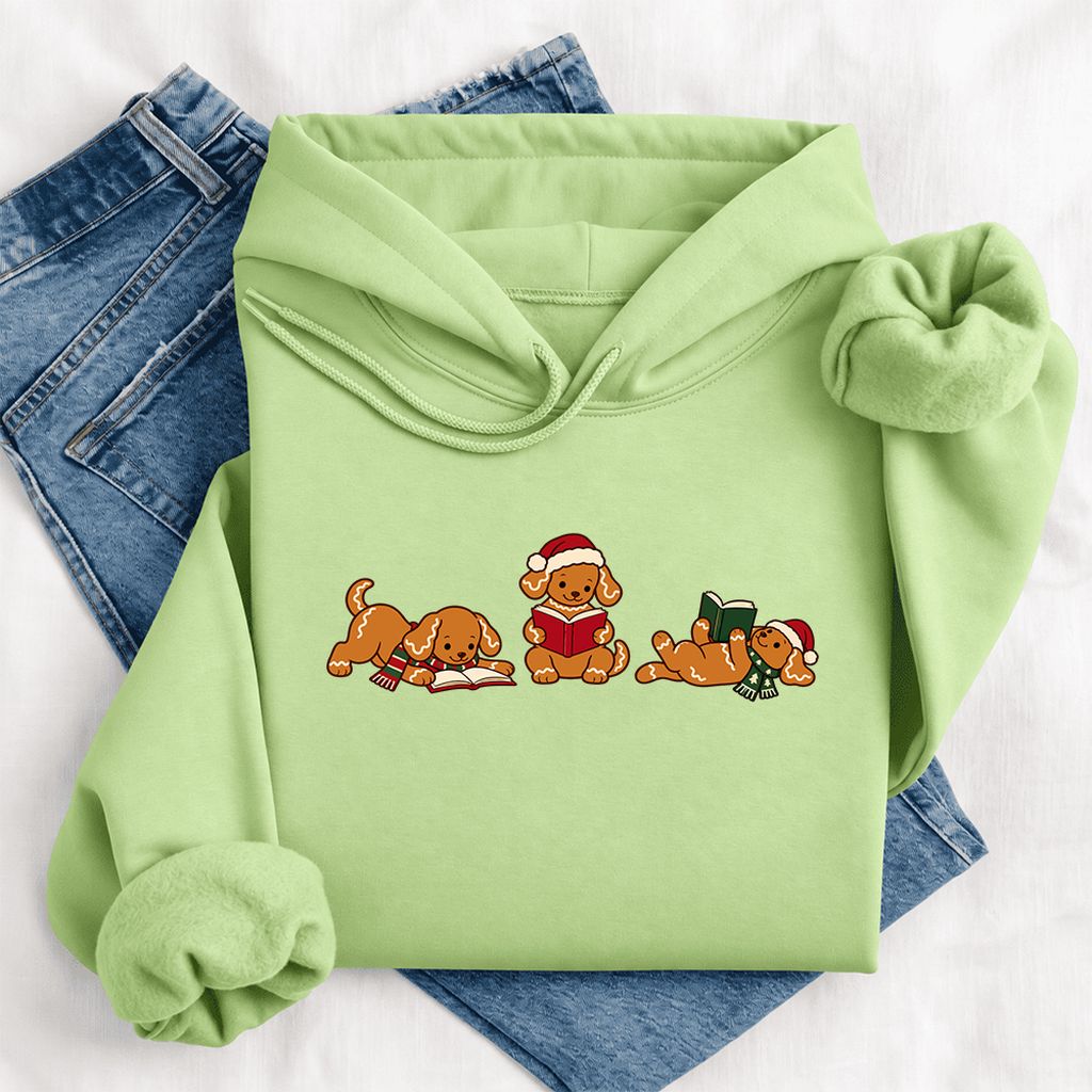Golden Retriever Gingerbread Trio Softstyle Hoodie | Christmas Reader Gift Pistachio