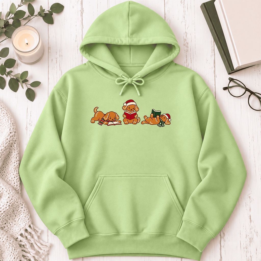 Golden Retriever Gingerbread Trio Softstyle Hoodie | Christmas Reader Gift Pistachio