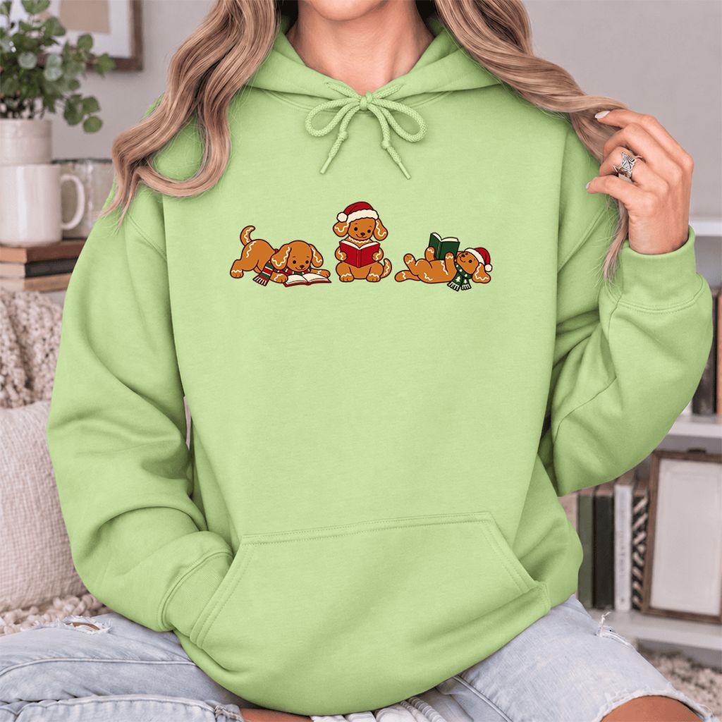 Golden Retriever Gingerbread Trio Softstyle Hoodie | Christmas Reader Gift Pistachio