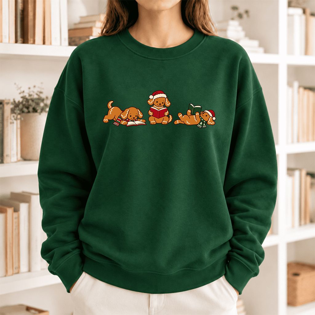 Golden Retriever Gingerbread Trio Softstyle Sweatshirt | Christmas Reader Gift Forest Green
